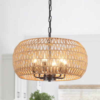  6 - Light Round Drum Hemp Rope Rattan Boho Black Chandelier, Natural Rattan Bohemian Pendant Light For Kitchen Island, Living Room