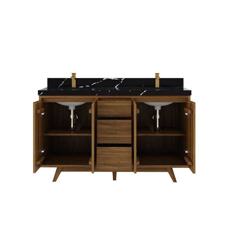 Ensemble de meuble-lavabo double 60 po Madison, Naturel foncé, Calacatta Black