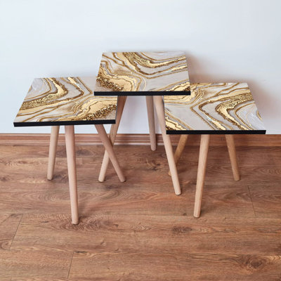 Modern Nesting Table Set (3 Pieces), Beige & Brown with Gold Accents, 13.8 x 20.5 x 13.8 inches | 100% MDF with Beech Wood Legs, Elegant Marble Design | Perfect for Living Room, Office & Contemporary Spaces
