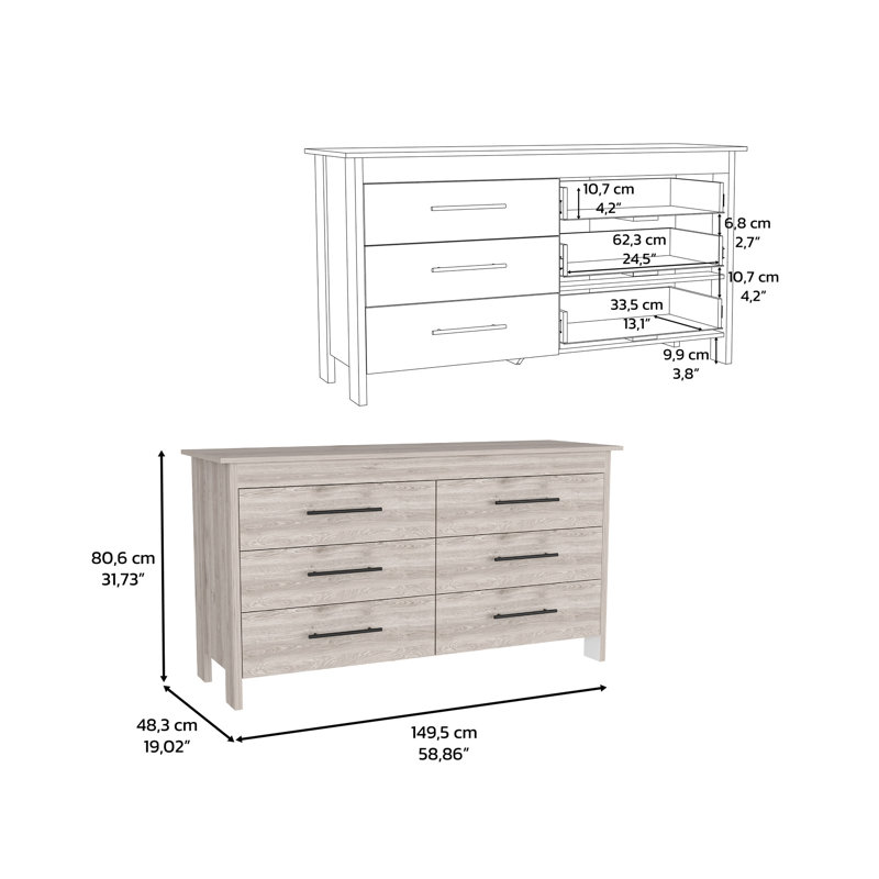 Commode double, quatre pieds, 6 tiroirs, plateau supérieur, gris clair