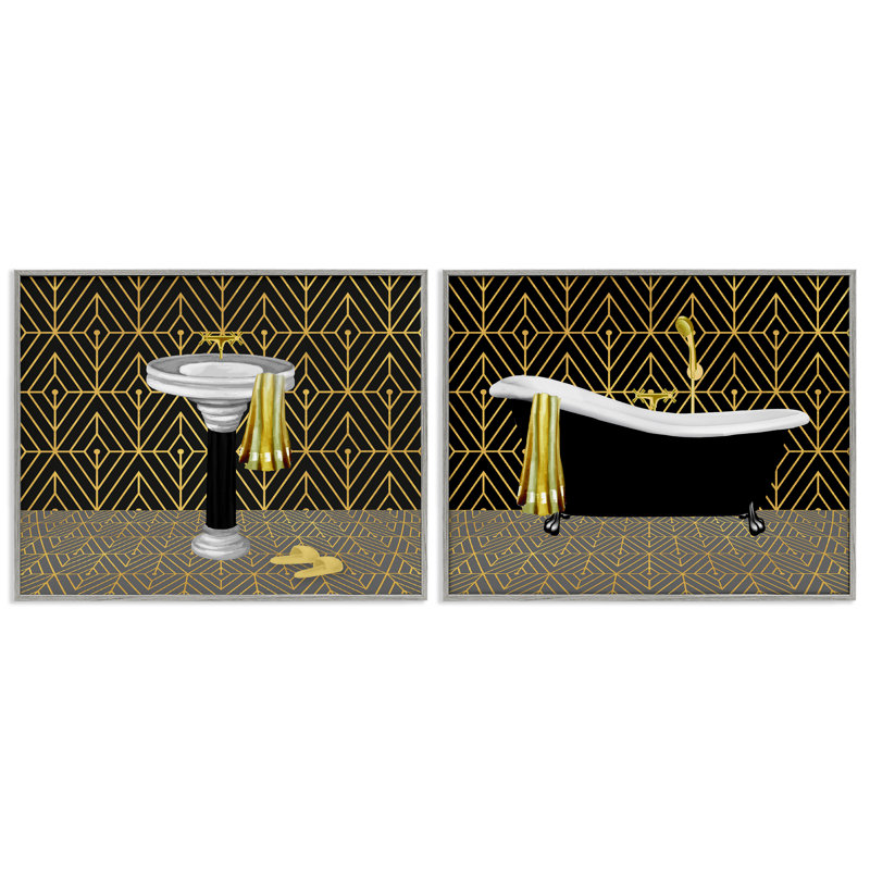 Geometric Patterned Bathroom Views 2pc Framed Giclee Set, design by Conrad Knutsen, 16" H x 20" W