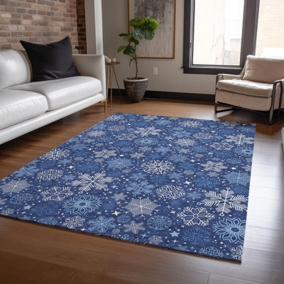 Machine Washable Indoor/Outdoor Christmas Snowflake Xhevrie Navy Rug