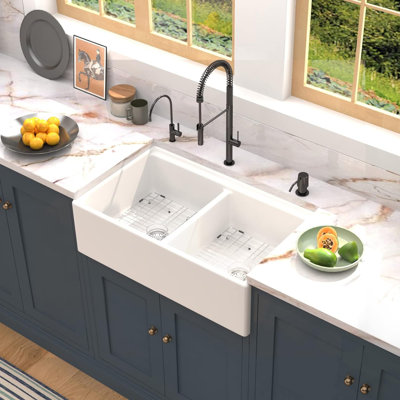 33" L x 20" W Double Basin Farmhouse/Apron Kitchen Sink with Accessories