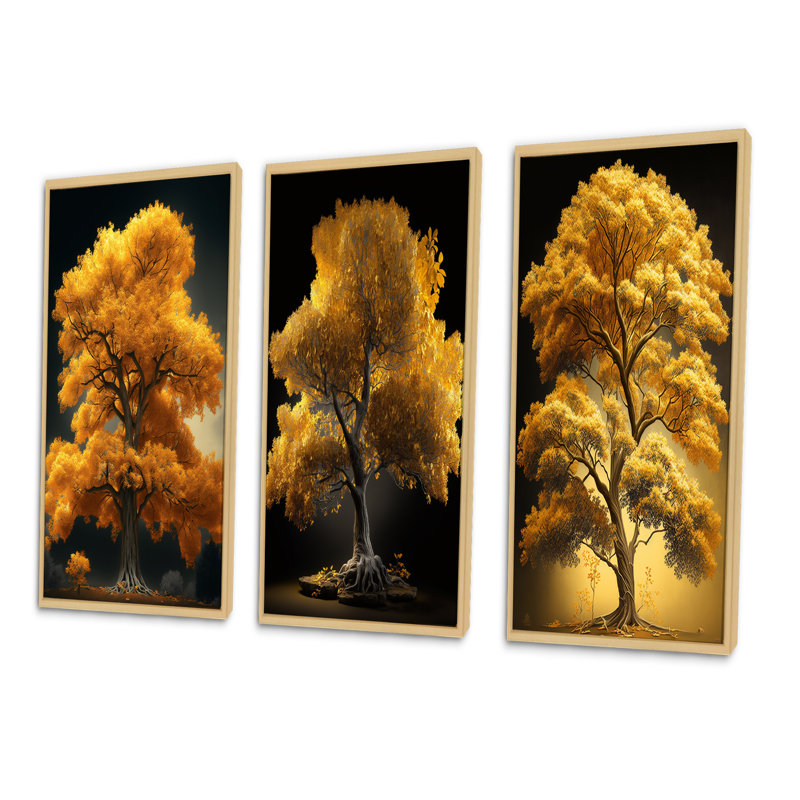 «Majestic Yellow Golden Tree», 3 pièces sur toile, Cadre naturel flottant, H 20 po x l 36 po