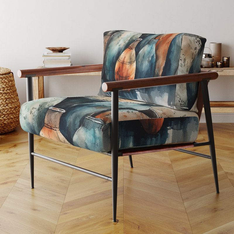 Fauteuil d'appoint rembourré géométrique bleu et orange Boho Pottery II, Noir