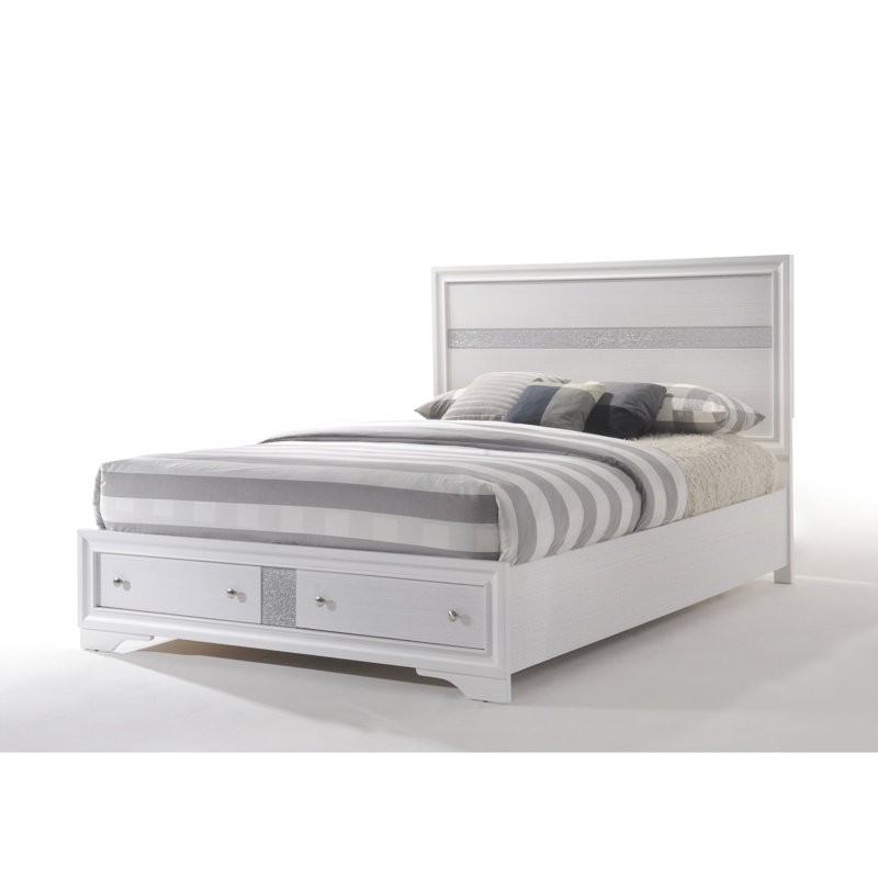 Low Profile White Ek Bed With Storage Space Availability, 5 Slats And 8 Support Legs, Made Of Particleboard Veneer, 700Lbs Limit Provision, Panels, No Box Spring, Quick Setup