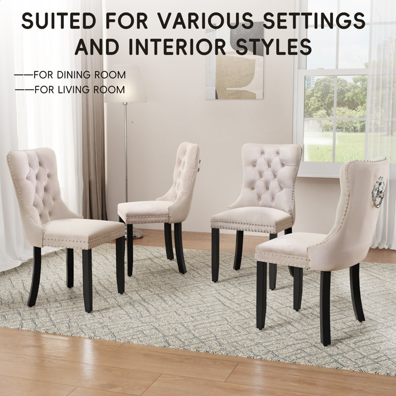 Modern Velvet Tufted Solid Wood Upholstered Dining Chairs Set of 4, Beige