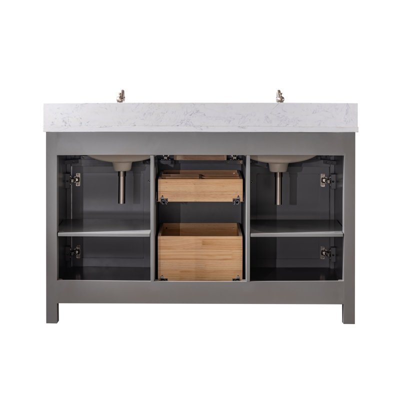 Ajhane 54" W Double Vanity with Engineered Stone Top and Soft-Close Doors, Gray/Brushed Nickel