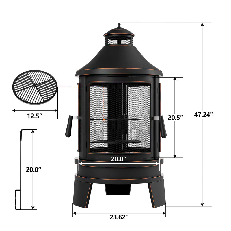 47.3'' Iron Wood Burning Chiminea Outdoor Fireplace With 2 Cooking Trays, 3 Fire Poker & Triple Mesh Doors