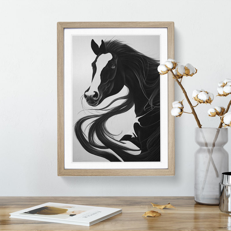 Monochrome Horse - Framed Print, 34cm H x 25cm W x 2cm D, Oak