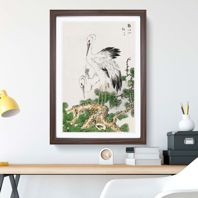 Two Japanese Storks by Numata Kashu - Picture Frame Painting Print, 87cm H x 62cm W x 2cm D, Walnut Framed