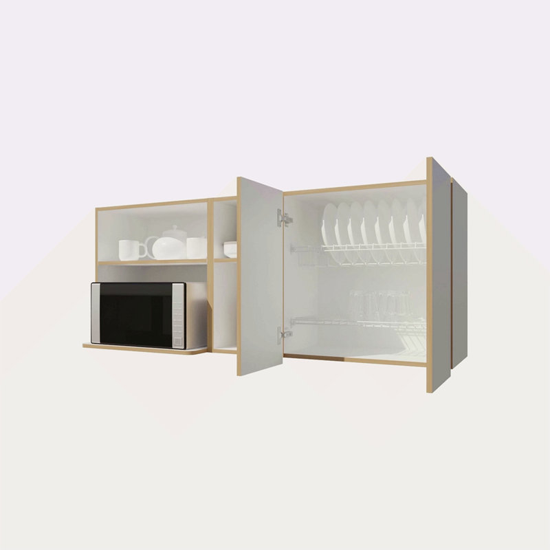 Armoire de cuisine avec espace pour micro-ondes et tablette ouverte