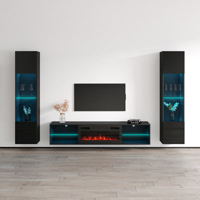Brezlin 103.5" Modern Entertainment Center with Electric Fireplace, High Gloss Finish, Wall-Mounted