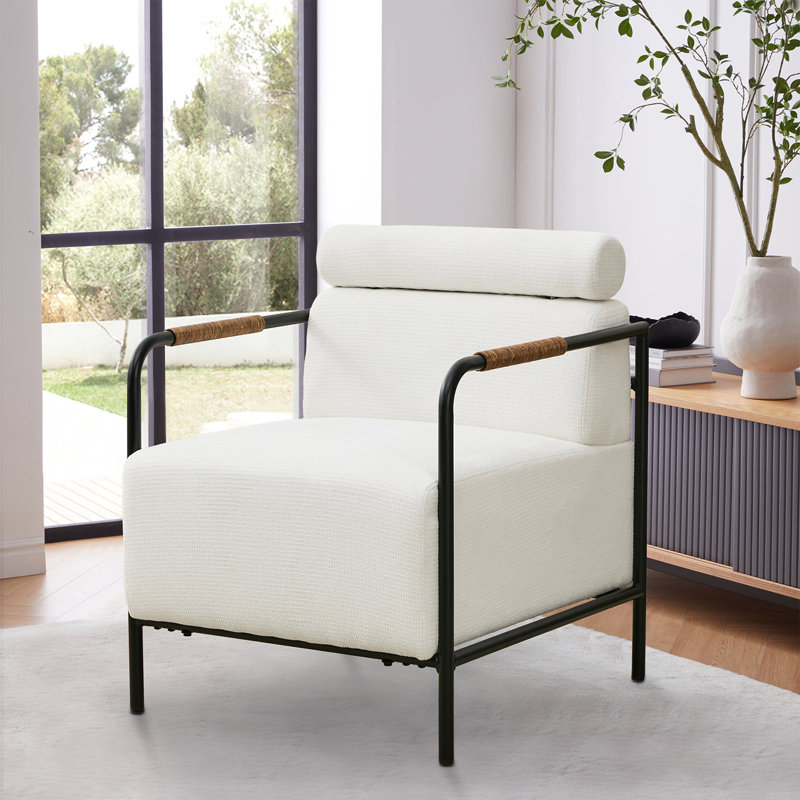 Sinobi Upholstered Accent Armchair with Metal Frame, White Chenille
