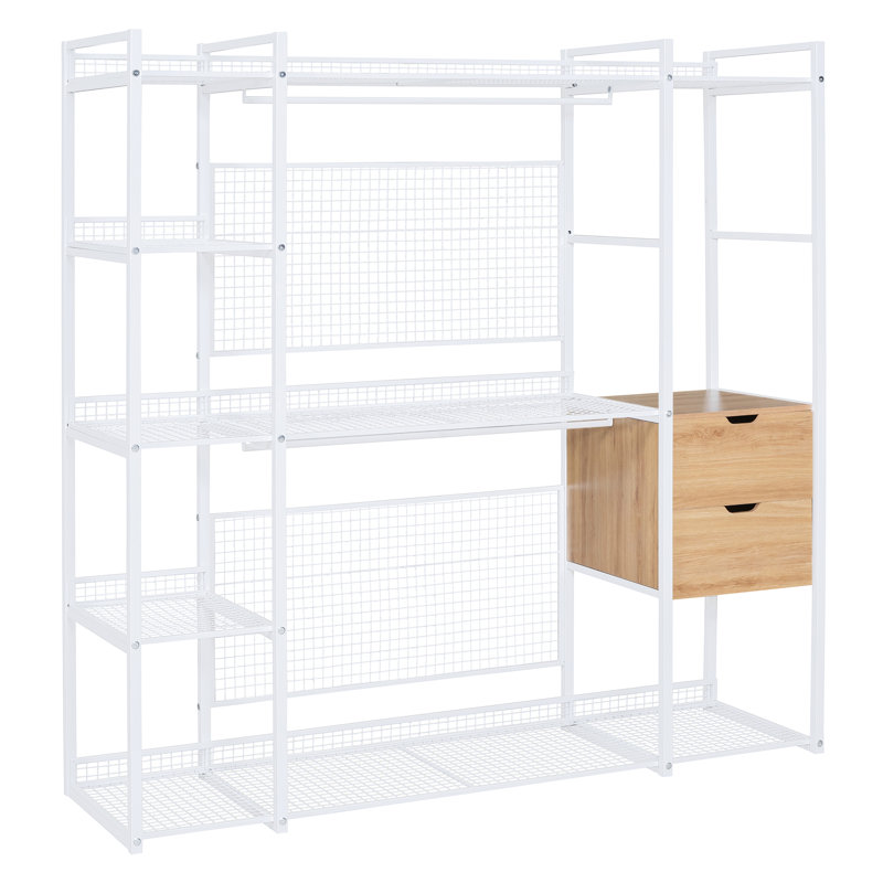  Open-Style Wardrobe with Hanging Rails, Shelves, Drawers, and Modern Bedroom Storage Solution, White