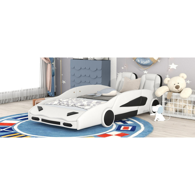 Twin Size Race Car-Shaped Platform Bed with Wheels, White