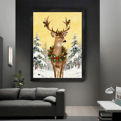 Aquarelle encadrée noire, cerf de Noël avec couronne de houx, reproduction d'art encadrée de style forêt enneigée