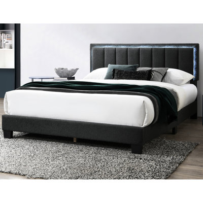Lit grand contemporain, tête de lit à DEL, revêtement en tissu de laine gris anthracite, chambre à coucher, sans sommier tapissier,