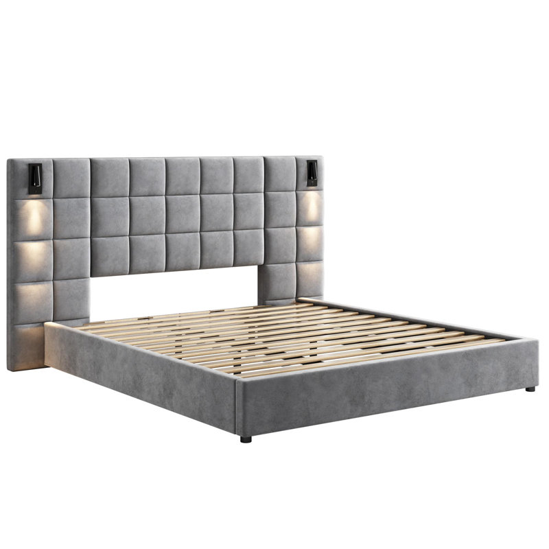 Upholstered bed,with reading lamp and USB port, wide headboard,without bedside tables and mattress, velvet, grey, King