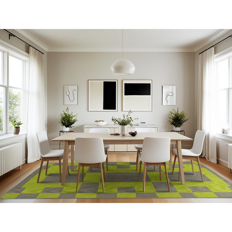 Machine Washable Checkered Green Area Rug, Rectangle 7' x 10'