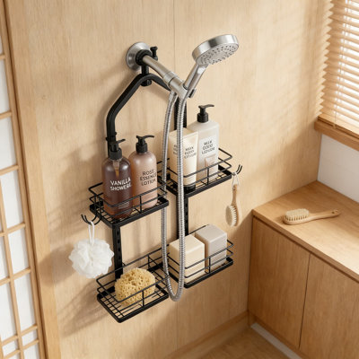 Serviteur de pomme de douche à main avec panier divisé, organisateur de douche suspendu réglable à 3 niveaux, acier inoxydable robuste avec installation sans outil et système anti-balancement