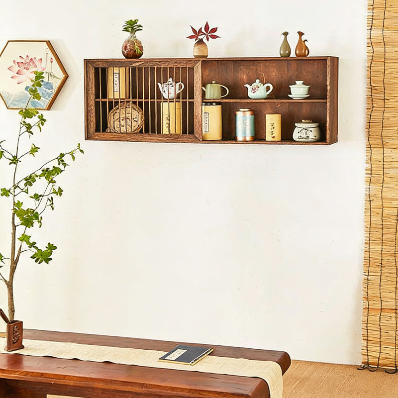 Minimalist Retro Brown Paulownia Wood Wall-Mounted Cabinet, Dual-Use Wall/Table Storage Shelf for Kitchen
