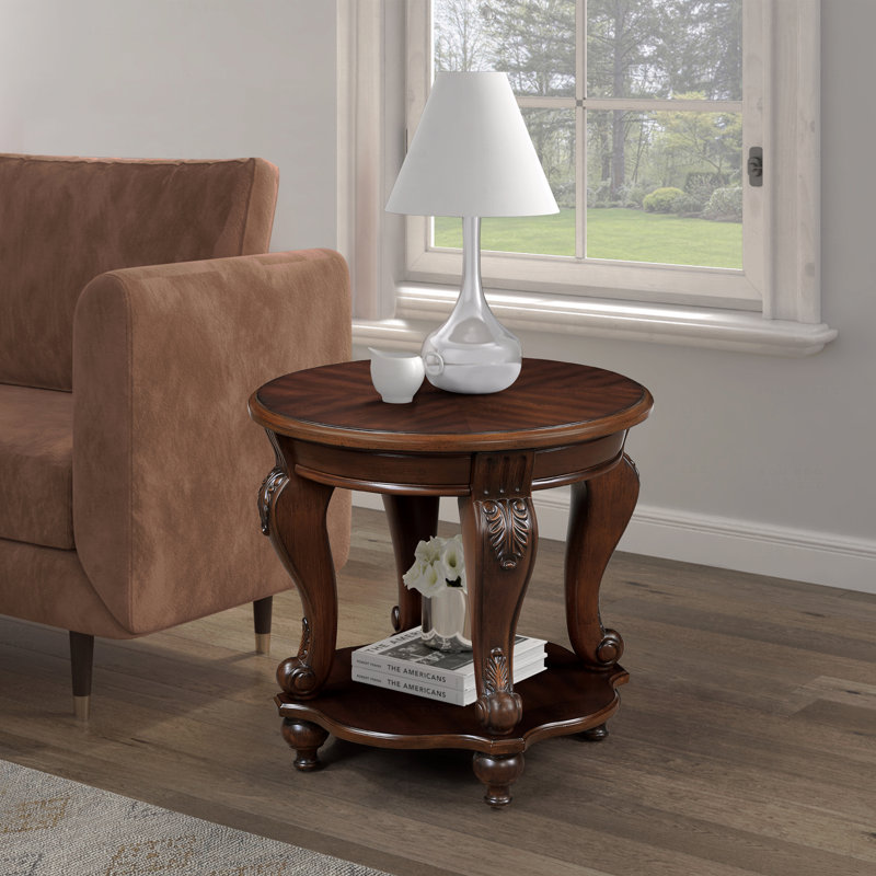 Table de bout ronde, 22 po, table d'appoint en bois massif rétro avec tablette, table de coin de salon, Brun