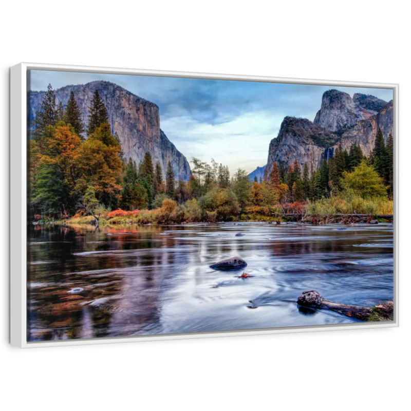 Rivière Yosemite Autumn, Cadre flottant blanc, 19 po x 13 po