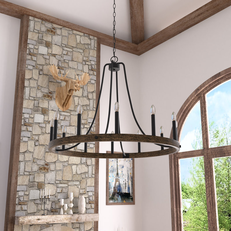 Adriana 12-Light Dimmable Steel Wagon Wheel Chandelier with Sloped Ceiling Adapter, Weathered Walnut