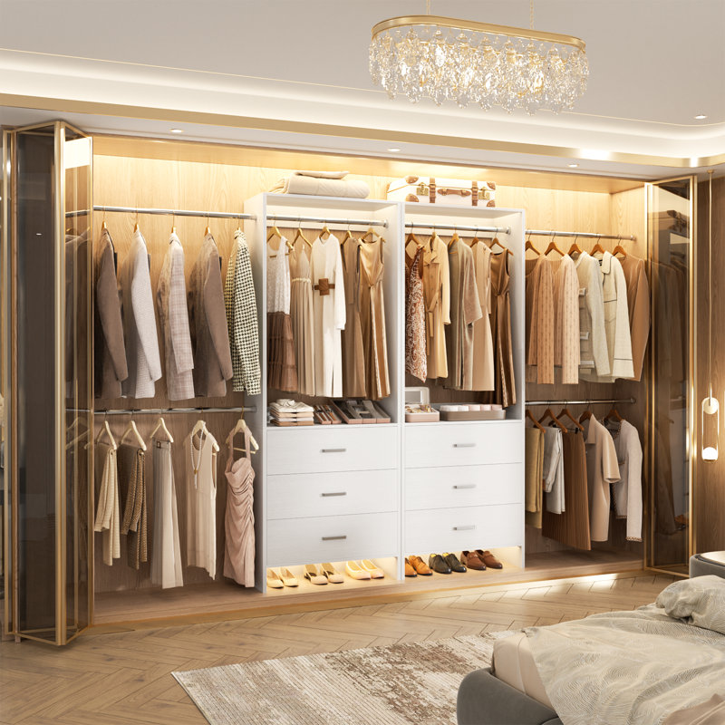 47.4"-119" Closet Organizer With Drawers And 4 Hanging Rods, White