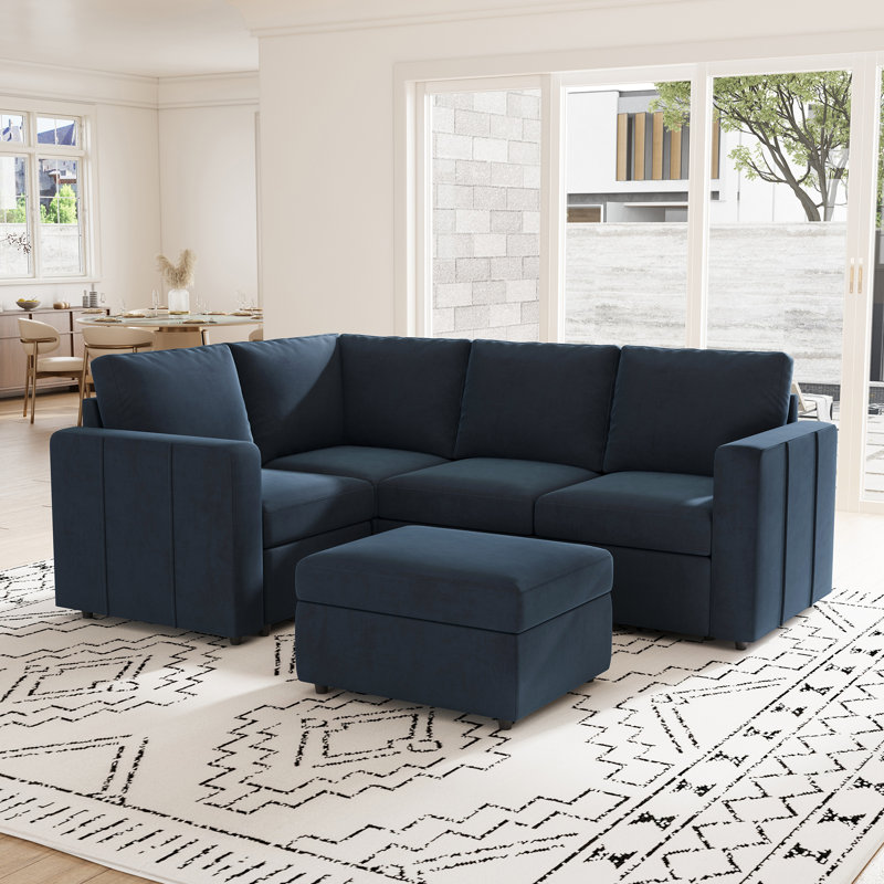 Canapé de rangement modulaire en L Aubade avec repose-pieds amovible, Chenille beige
