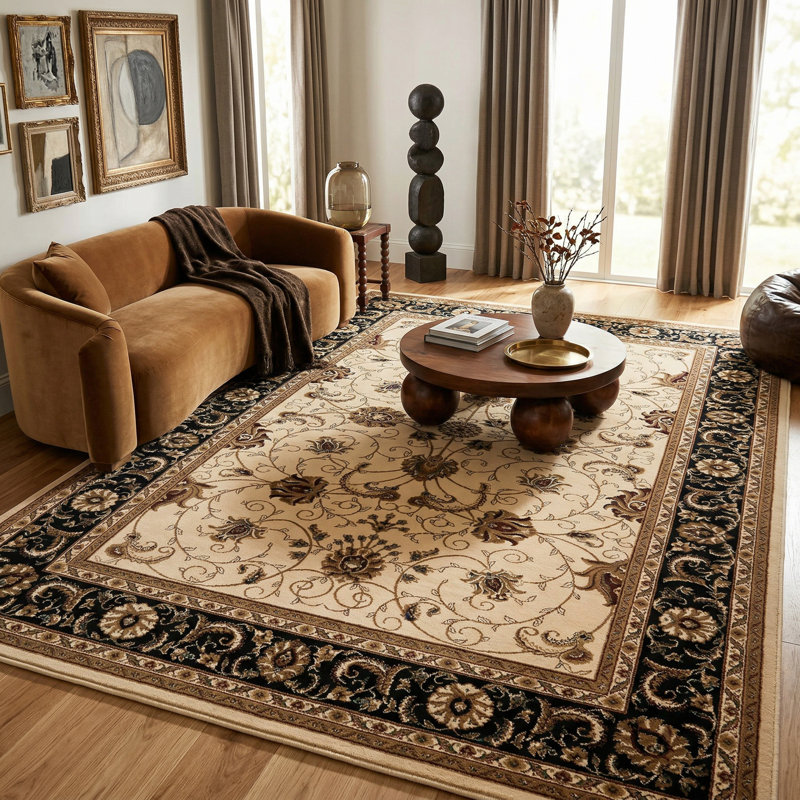 Tapis d'intérieur / beige à motif de médaillon persan beige / noir à branches Branch, Rectangle de 5 pi x 8 pi