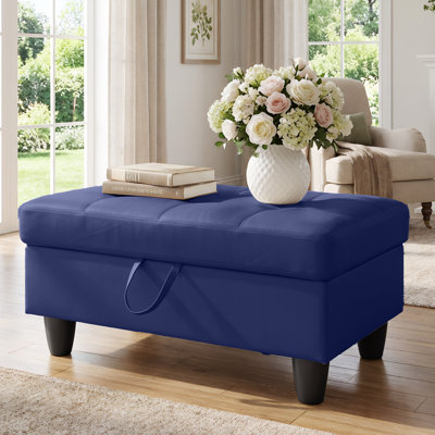 Rectangular Storage Ottoman Bench With Hinged Lid, Faux Leather Footrest For Living Room, Bedroom, Entryway, Blue, 35"X23.5"X17.5"