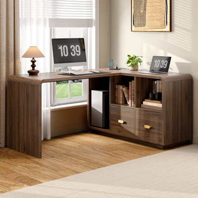Bureau de direction 58 po en L 58 po, bureau à domicile avec tiroirs classeurs, bureau d'ordinateur avec prises de courant et tablettes de rangement
