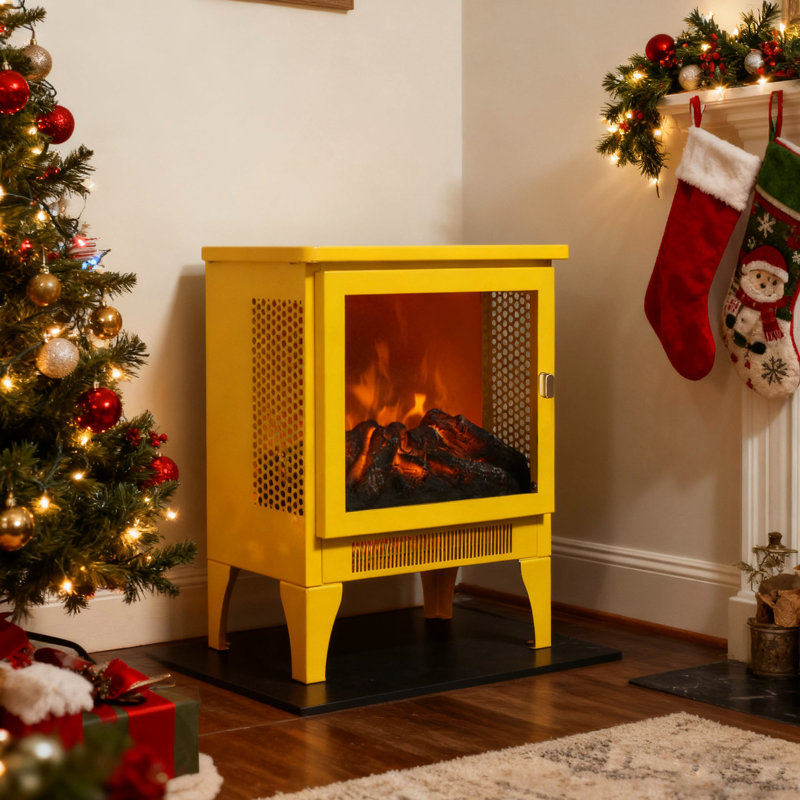 Foyer électrique autoportant de 18 pouces, effet de flamme 3D, jaune citron, 1400 W / 700 W de chaleur, 5 000 pi par heure, sécuritaire pour la famille, vue panoramique à 3 côtés, pied amovible, boutons mécaniques simples, doré