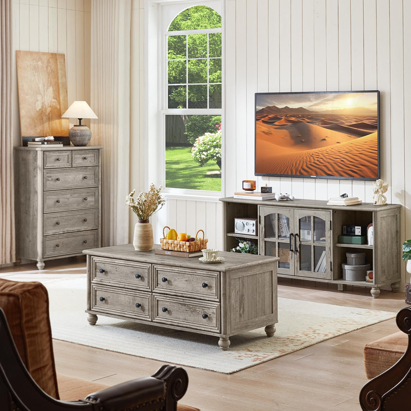 Ensemble de table basse et table de chevet 2 pièces Farmhouse, meubles de salon et de chambre à coucher en bois avec rangement caché, colonne romaine et base cylindrique