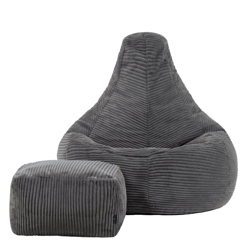 Bean Bag Bazaar Dalton Corduroy Recliner Bean Bag and Footstool, Charcoal Grey