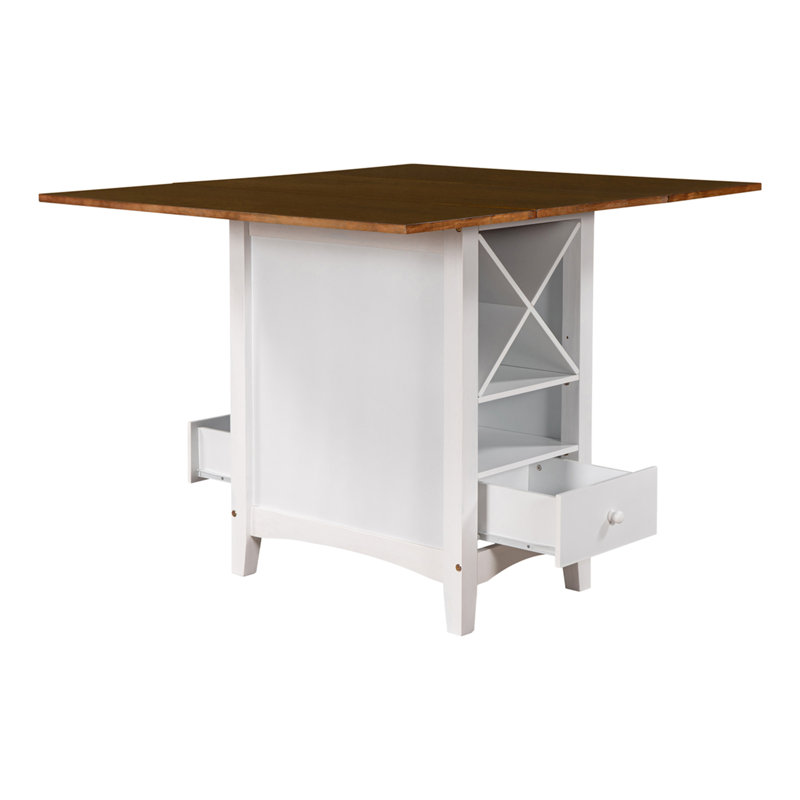 Table de salle à manger à hauteur de comptoir en bois 35,4 po avec abattant et 2 tiroirs, Noyer, Blanc
