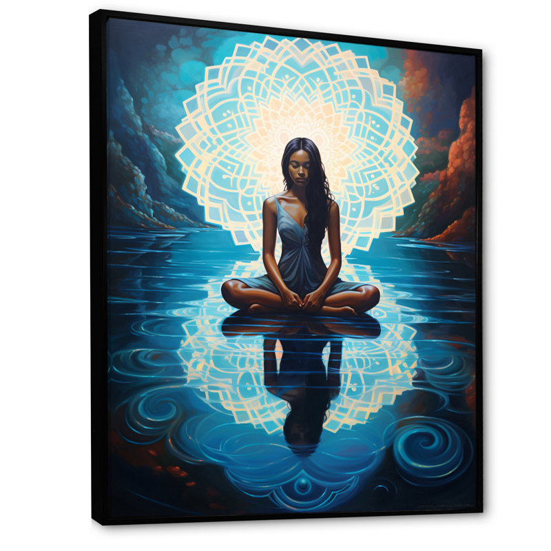 «Woman Meditating With Radiant Aura», reproduction sur toile, Cadre flottant noir, H 40 po x l 30 po x P 1,5 po