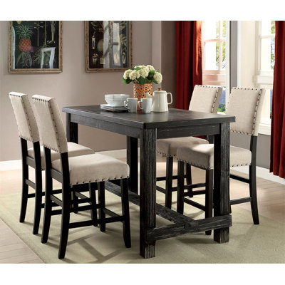 Antique Black Wooden 5Pc Counter Height Dining Set Table And 4X Chairs Beige Linen Like Fabric Cushions Nailhead Trim Chairs -  Audiohome, AHYDRF-B011S00937