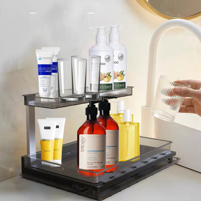 Rangement coulissant sous-comptoir à 2 niveaux avec tiroir coulissant et tablettes coulissantes en L pour armoire de cuisine