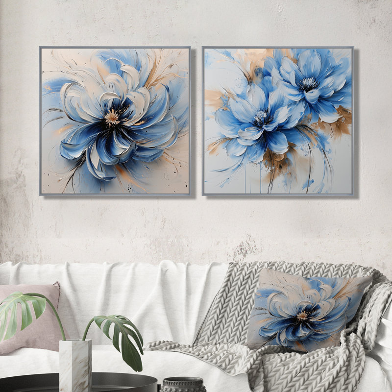 «White Velvet Blue», «Chrysanthemums Ink River II», ensemble d'art mural traditionnel 2 pièces, H 16 po x l 33 po