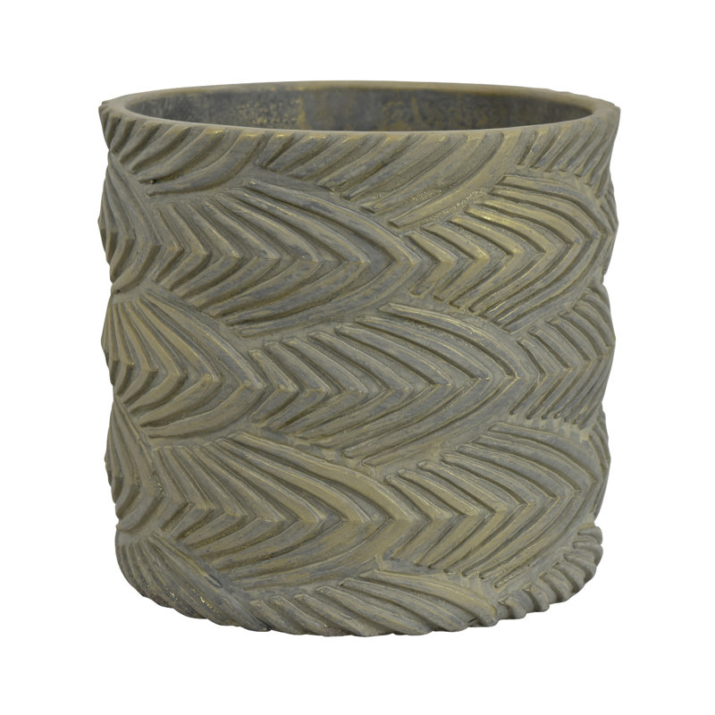 Jardinière cylindrique, motifs de plumes surélevées, terre cuite grise et dorée 7 pouces