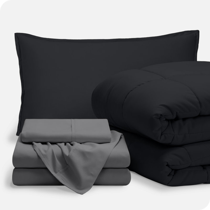 Lit dans un sac en microfibre 1800 de qualité supérieure 1800, Noir / gris, Édredon simple TG et 4 pièces supplémentaires