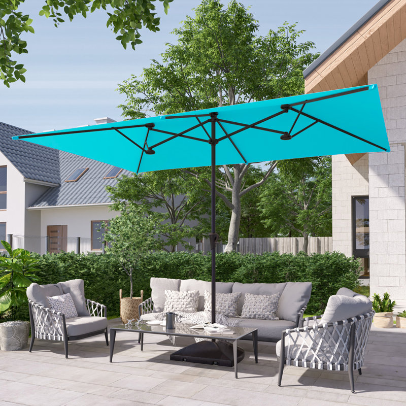 Parasol de patio double face 11 x 7 pi avec grand auvent, Bleu lac