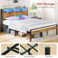 Metal Bed Frame with LED Light and Charging Stations, Platform Bed Frame with Wooden Headboard, No Box Spring Needed-1357994965