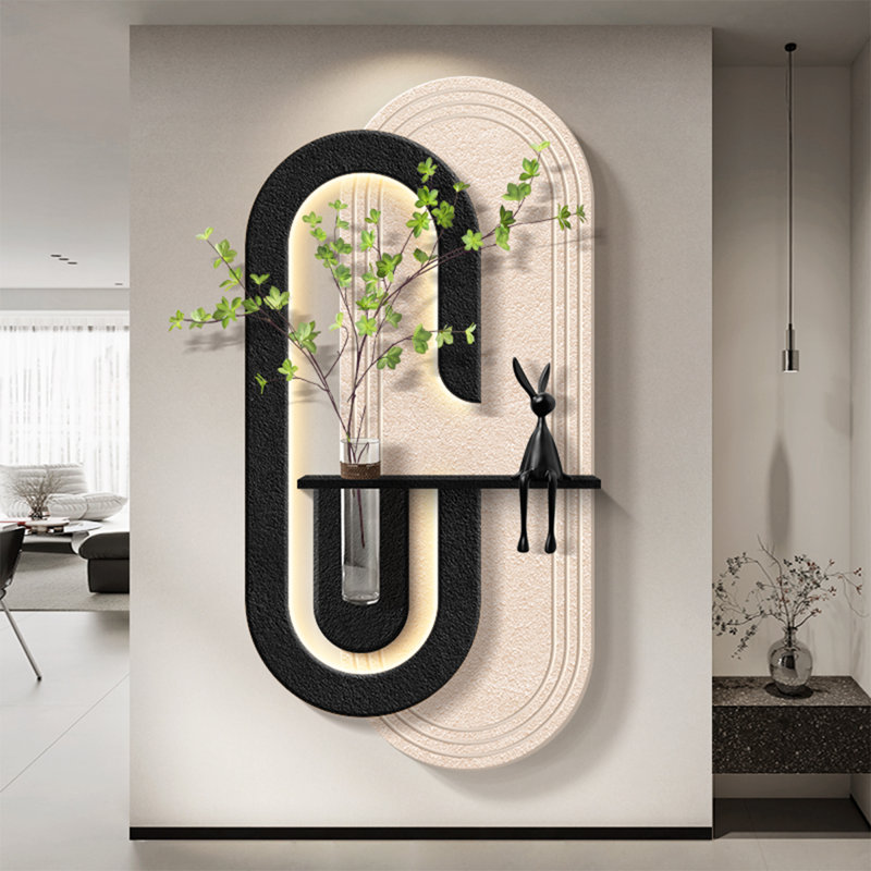 Art mural noir et blanc ovale en grès, H 55,12 po x l 27,56 po
