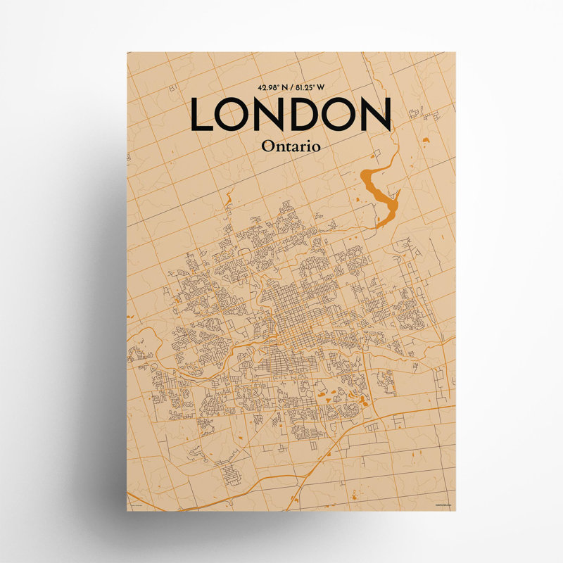 Carte de la ville de Londres, Canada, ensemble d'impressions non encadrées, H 27,6 po x l 19,7 po, Orange / or pâle