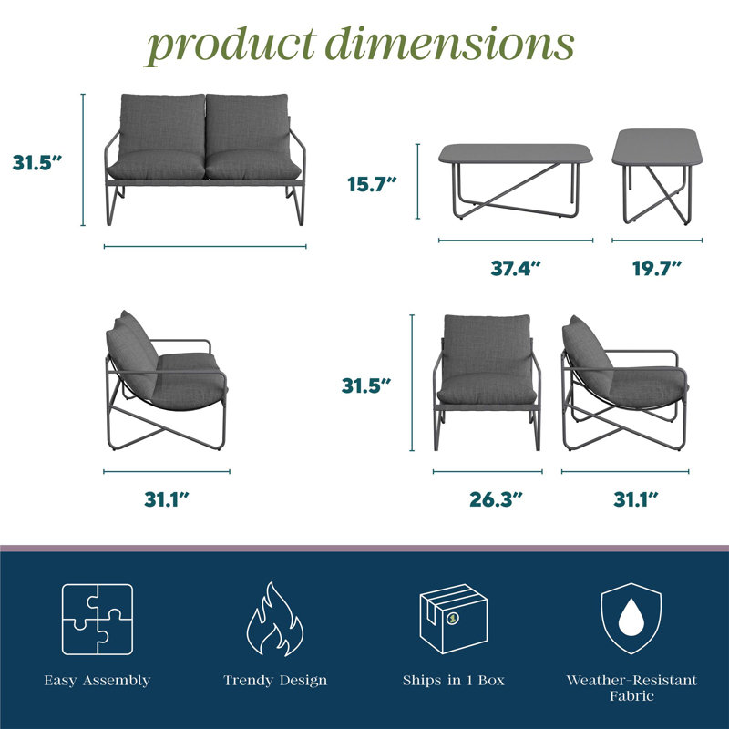 Wrenn 4-Piece Sling and Cushion Conversation Set, Charcoal