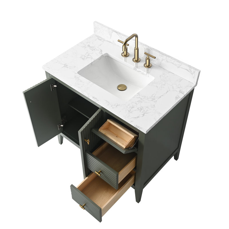 36" Single Bathroom Vanity Set, Linear Vintage Green, Golden Brushed